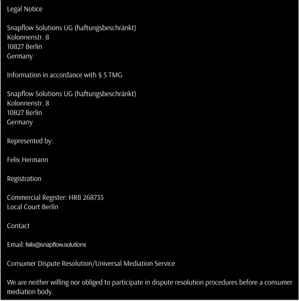 Imprint - Legal Notice with company information, registration details, and contact information