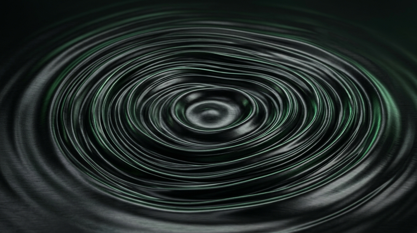 Abstract dark liquid-metal texture of concentric rippling waves, symbolising a call being analysed and coached