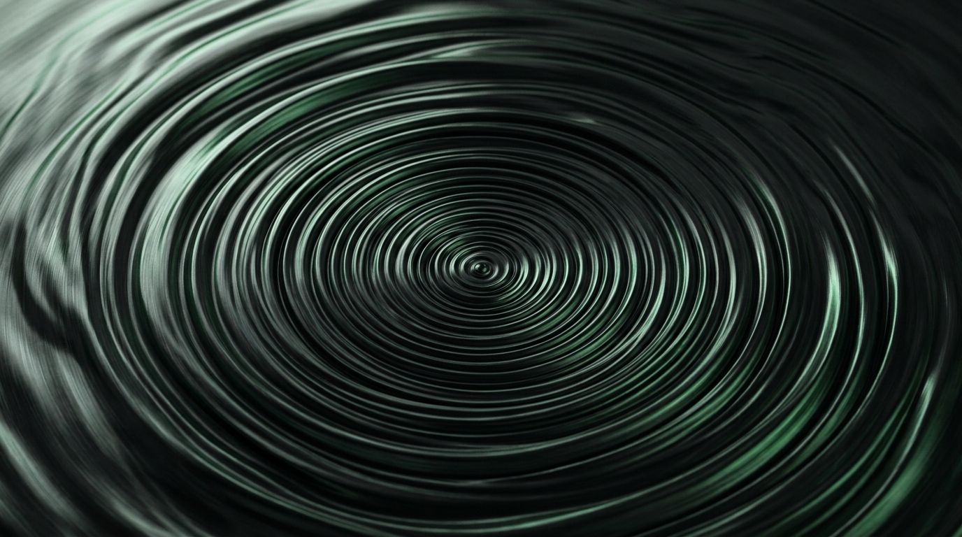Abstract dark liquid-metal texture of concentric rippling waves symbolising interview coordination cascading across calendars