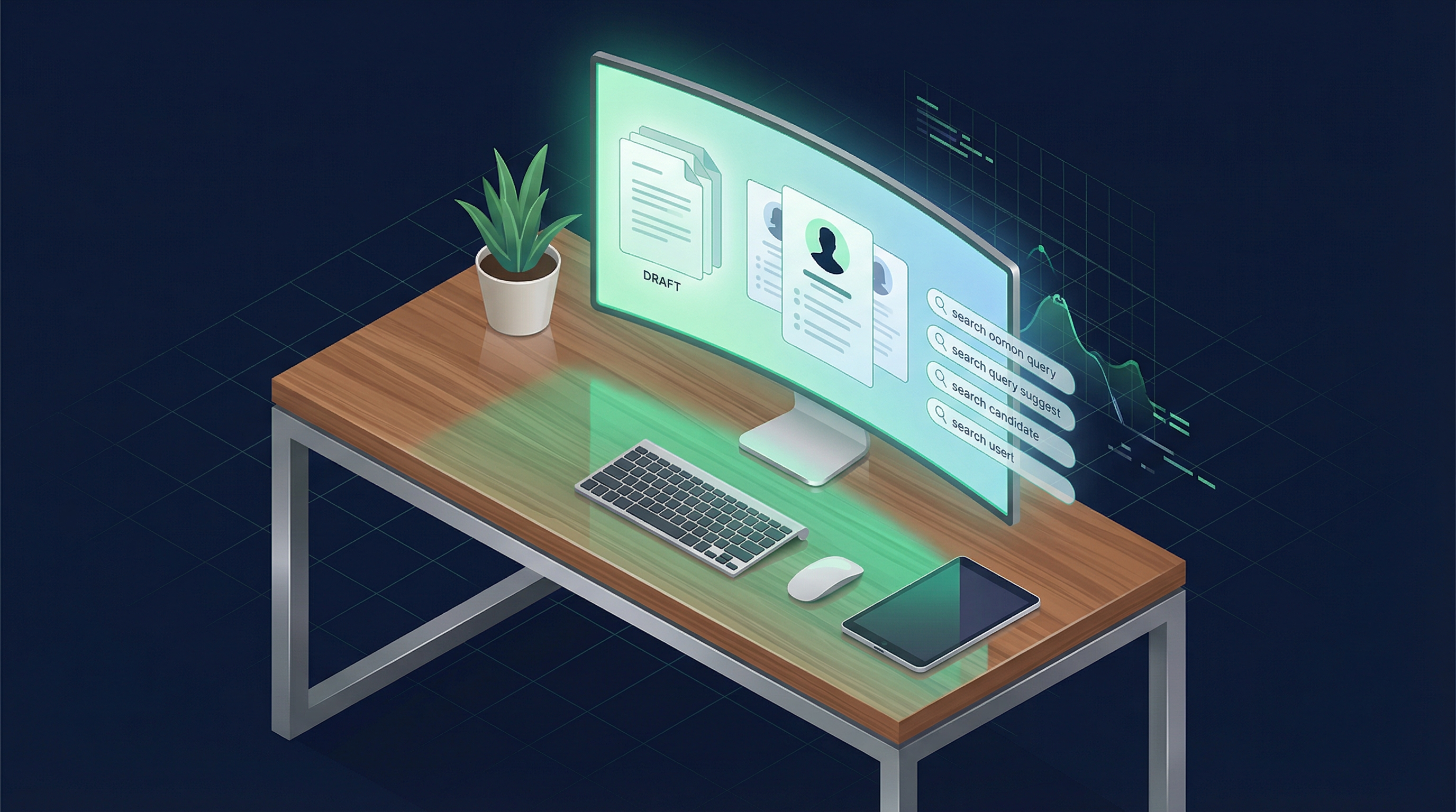 AI assistant interface helping a recruiter with document drafts, candidate profiles, and search suggestions