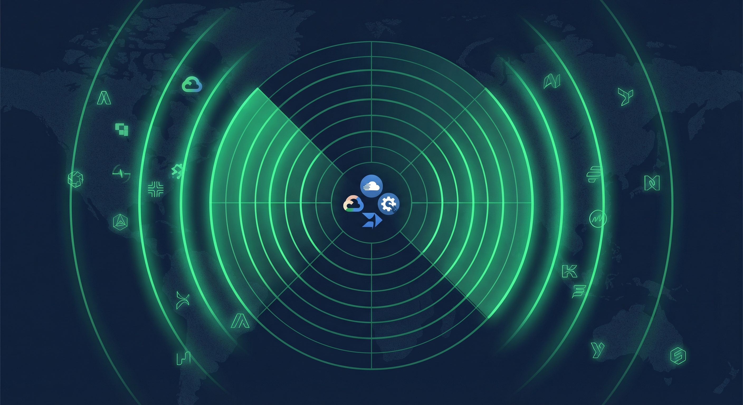 Radar screen revealing hidden company logos - recruitment client discovery concept