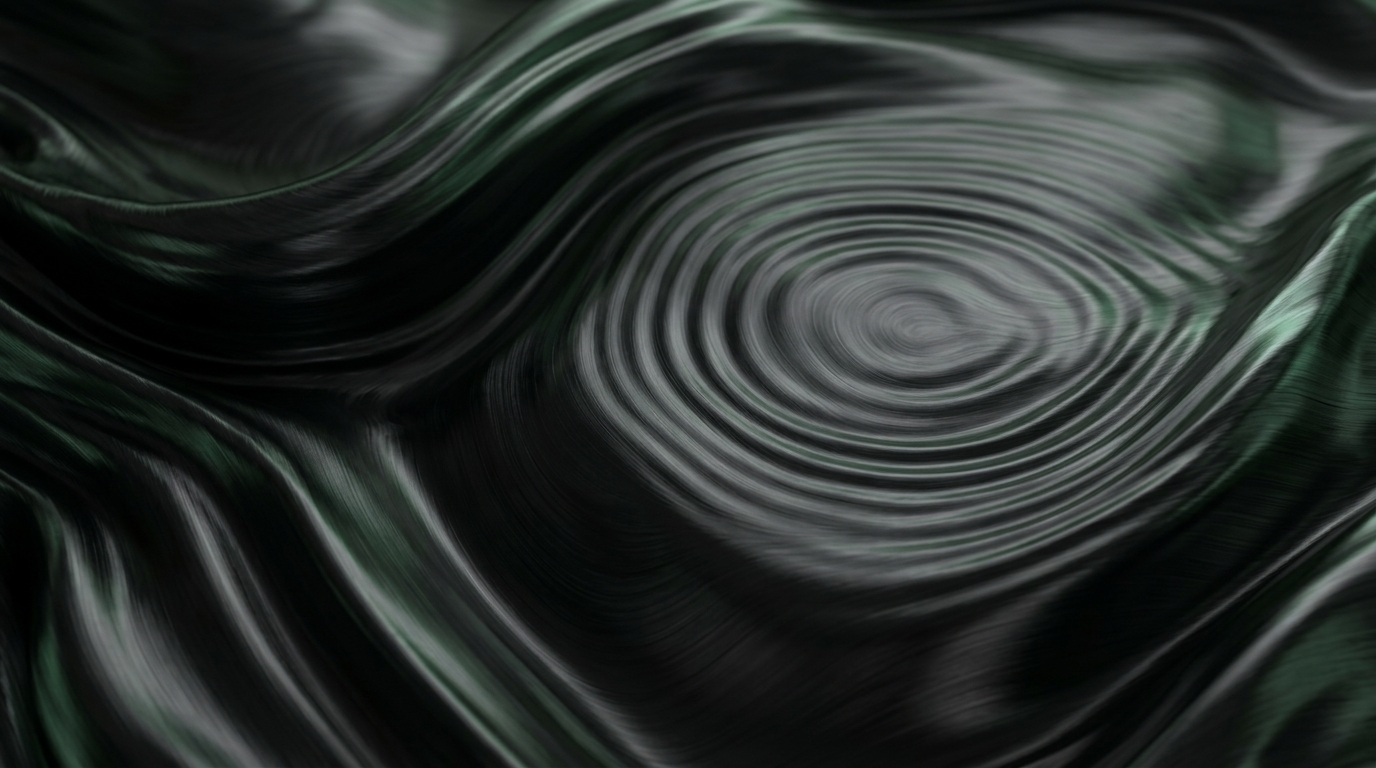 Abstract dark liquid-metal texture with concentric rippling waves, representing a sentiment signal spreading outward