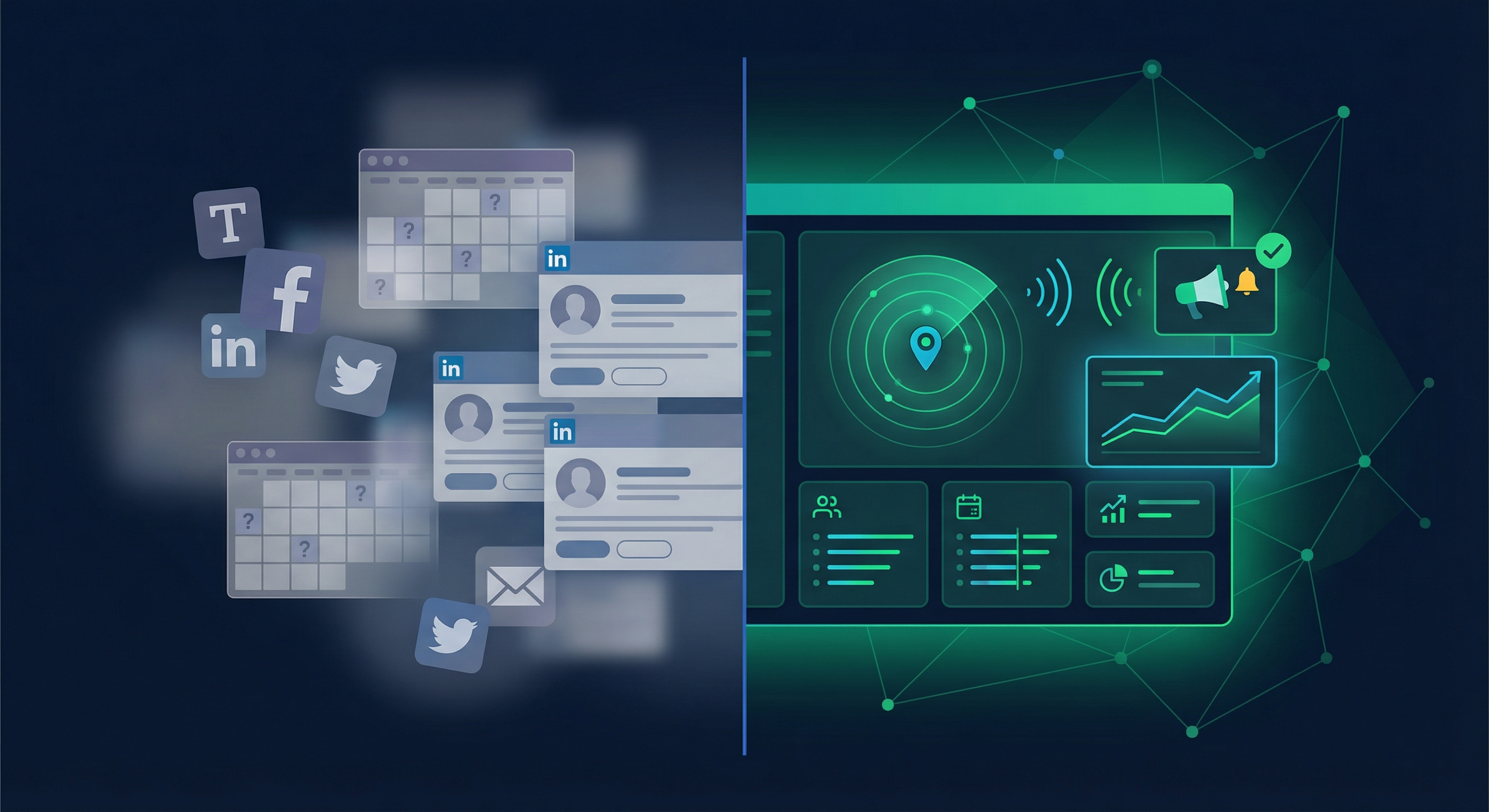 Paiger alternative comparison visual showing social selling versus hiring signal detection for recruitment business development
