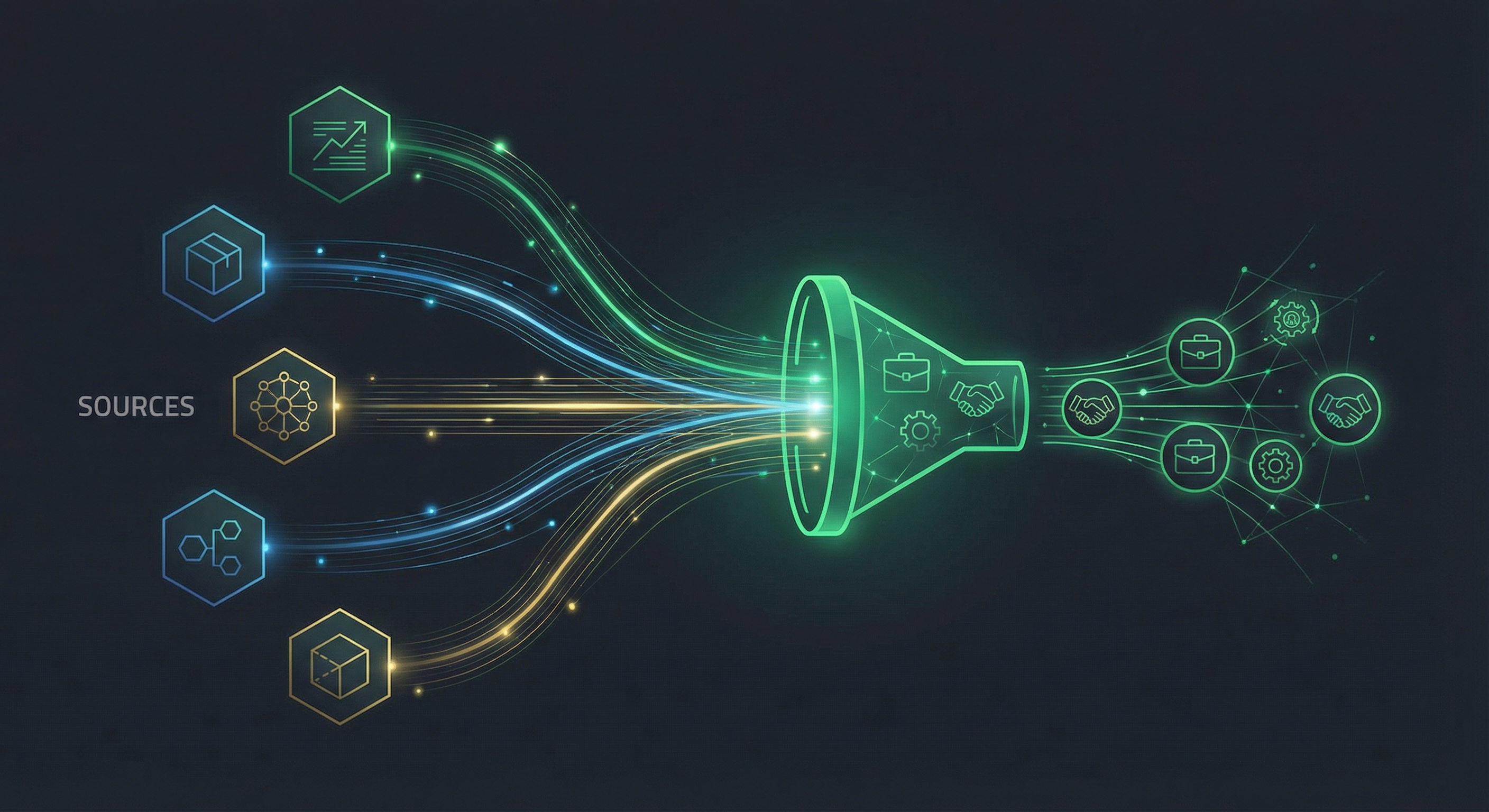 Recruitment intelligence dashboard showing real-time hiring signals from multiple sources converging into an actionable lead pipeline