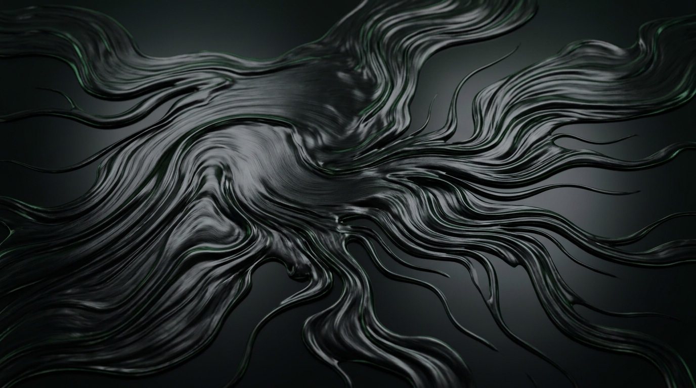 Abstract dark liquid-metal texture in onyx and emerald green, branching into multiple rivulets, representing an agency diversifying into new service lines
